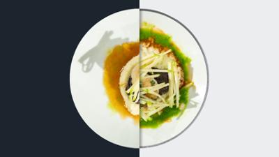 Die Küchenschlacht: Gebratene Jakobsmuschel und gebratene Blutwurst mit aromatisierter Mostreduktion, Sellerie-Apfel-Pür