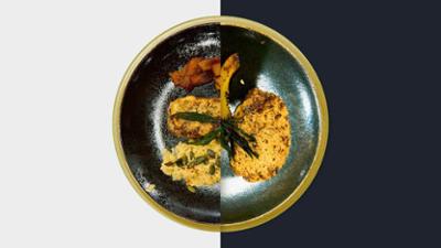 Die Küchenschlacht: Steak d'oignon mit Gorgonzola-Risotto, Kürbisspalten und frittiertem Estragon