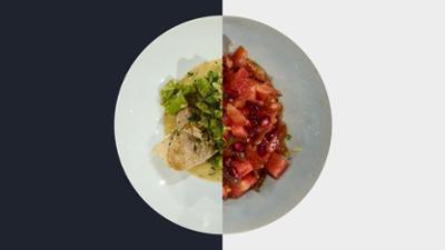 Die Küchenschlacht: Kaninchen und Spargel in Senfsauce mit Salat aus Wassermelone, Tomate und Grapefruit Die Küchenschlacht: Kaninchen und Spargel in Senfsauce mit Salat aus Wassermelone, Tomate und Grapefruit